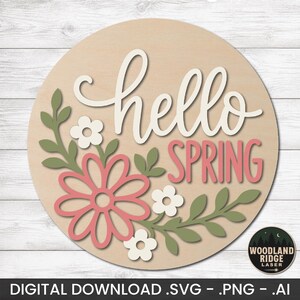Hello Spring Door Hanger SVG AI PNG | Spring Floral Door Hanger Design | Single Layer Laser Cut File