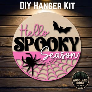 Hello Spooky Season DIY Door Hanger Kit | Halloween Ghost & Bat Sign | Laser Cut Wood Craft Kit | DIY Halloween Decor | Unfinished Paint Kit