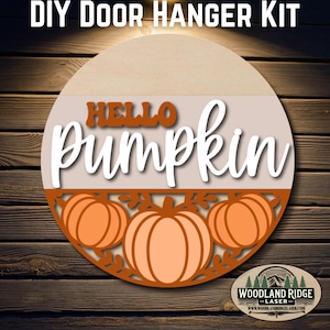 Hello Pumpkin | Autumn Please DIY Door Hanger Kit | Fall Door Sign | Laser Cut Wood Craft Kit | DIY Autumn Decor | Unfinished Paint Kit
