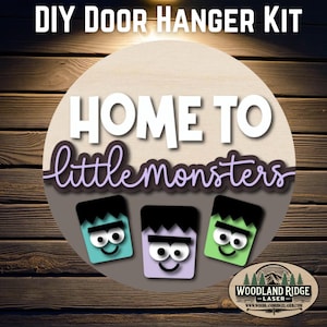 Home To Little Monsters DIY Door Hanger Kit | Halloween Door Sign | Laser Cut Wood Craft Kit | DIY Spooky Decor | Unfinished Paint Kit