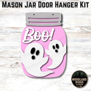 Ghost Boo Mason Jar DIY Door Hanger Kit | Cute Halloween Ghost Sign | Laser Cut Wood Craft Kit | DIY Spooky Decor | Unfinished Paint Kit