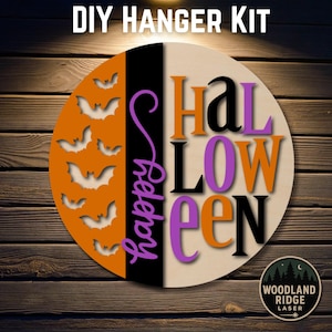 Happy Halloween DIY Door Hanger Kit | Bats & Bold Lettering Sign | Laser Cut Wood Craft Kit | DIY Halloween Decor | Unfinished Paint Kit
