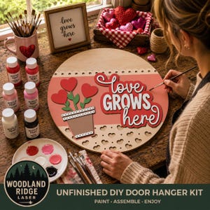 Love Grows Here DIY Door Hanger Kit | Valentine Flower Pot Decor | Layered Round Sign