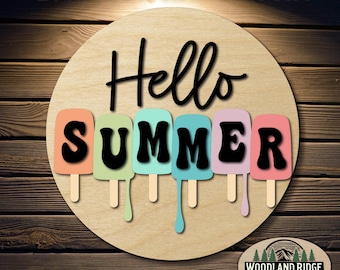 Hallo Sommer Eis am Stil Türschild | Türschild Sommer | Laser geschnittenes Holz Bastelset | DIY Sommer Dekor | Unfertiges Mal-Kit