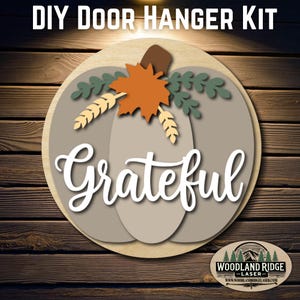 Grateful Pumpkin Thanksgiving DIY Door Hanger Kit | Fall Door Sign | Laser Cut Wood Craft Kit | DIY Autumn Decor | Unfinished Paint Kit