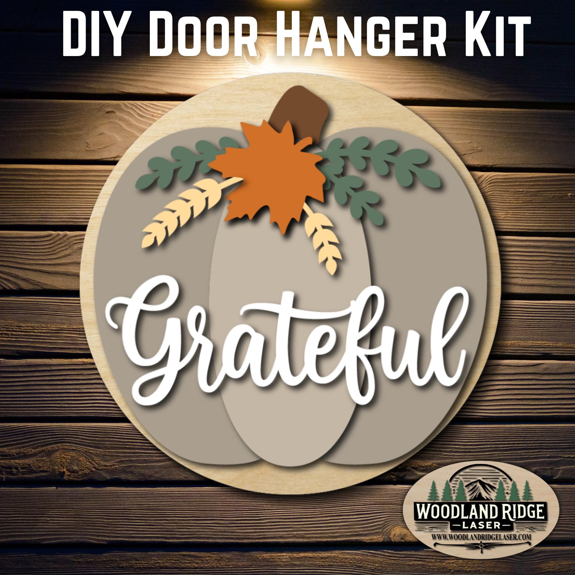 Grateful Pumpkin Thanksgiving DIY Door Hanger Kit | Fall Door Sign | Laser Cut Wood Craft Kit | DIY Autumn Decor | Unfinished Paint Kit