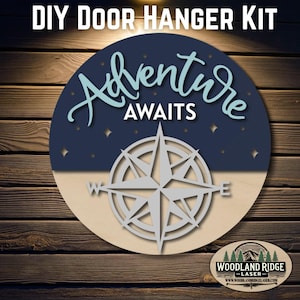 Adventure Awaits DIY Door Hanger Kit | Camping Door Sign | Laser Cut Wood Craft Kit | DIY Summer Decor | Unfinished Paint Kit