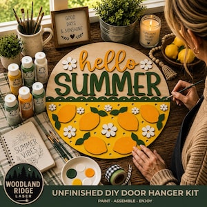 Kit para colgar la puerta "Hola Verano" / Decoración de verano con limones / Letrero redondo en capas