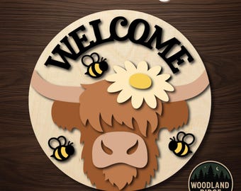 Highland Cow & Bees Welcome DIY Door Hanger Kit – Round Unfinished Wood Sign