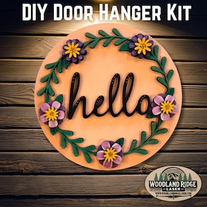 Hello Kranz DIY Türschild Kit | Alltags-Türschild | Laser geschnittenes Holz Bastelset | DIY Wohndekor | Unfertiges Mal-Kit