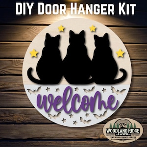 Welcome Black Cats DIY Door Hanger Kit | Halloween Door Sign | Laser Cut Wood Craft Kit | DIY Spooky Decor | Unfinished Paint Kit