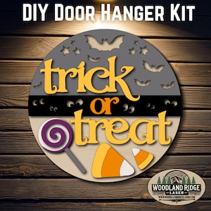Trick or Treat DIY Door Hanger Kit | Halloween Door Sign | Laser Cut Wood Craft Kit | DIY Spooky Decor | Unfinished Paint Kit