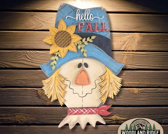 Hello Fall Scarecrow DIY Door Hanger Kit | Fall Door Sign | Laser Cut Wood Craft Kit | DIY Autumn Decor | Unfinished Paint Kit