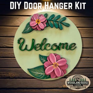 Willkommen Floral DIY Türschild Kit | Alltags-Türschild | Laser geschnittenes Holz Bastelset | DIY Wohndekor | Unfertiges Mal-Kit