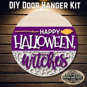 Happy Halloween Witches DIY Door Hanger Kit | Halloween Door Sign | Laser Cut Wood Craft Kit | DIY Spooky Decor | Unfinished Paint Kit