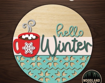 Hello Winter Hot Cocoa DIY Door Hanger Kit – Round Unfinished Wood Sign