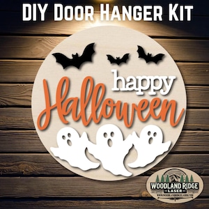 Happy Halloween Ghosts & Bats DIY Door Hanger Kit | Halloween Door Sign | Laser Cut Wood Craft Kit | DIY Spooky Decor | Unfinished Paint Kit