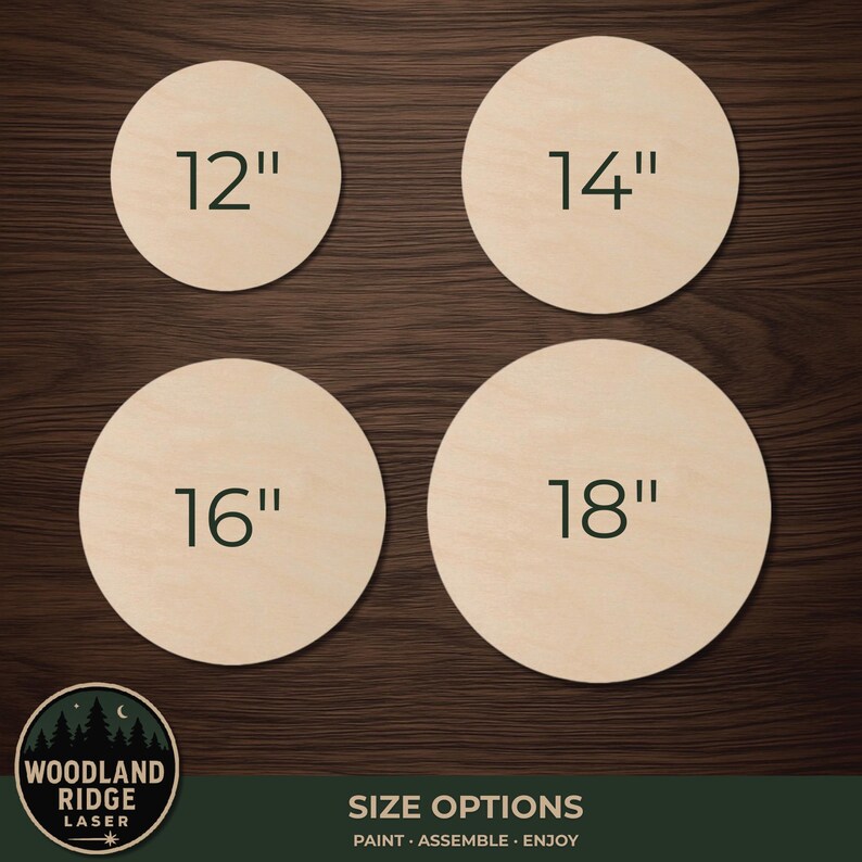 May include: Four circular light-colored wooden cutouts arranged in a grid. Each circle features a dark green printed number indicating its diameter in inches: 12", 14", 16", and 18". A circular logo in the corner reads Woodland Ridge Laser.