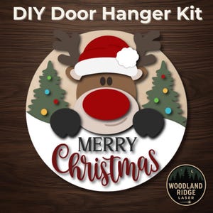 Santa Reindeer Merry Christmas DIY Door Hanger Kit – Round Unfinished Wood Sign