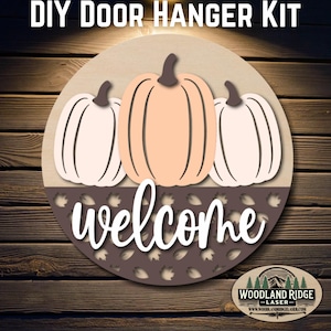 Welcome Three Pumpkin Leaf DIY Door Hanger Kit | Fall Door Sign | Laser Cut Wood Craft Kit | DIY Autumn Decor | Unfinished Paint Kit