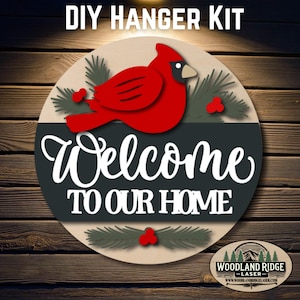 Cardinal Willkommen in unserem Haus DIY Türschild Kit | Türschild Winter | Laser geschnittenes Holz Bastelset | DIY Wohndekor | Unfertiges Mal-Kit