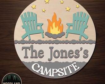 Kit de colgador de puerta personalizado con nombre familiar para camping (redondo de madera sin acabado)