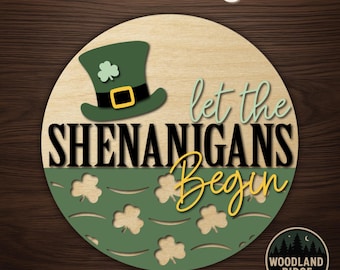 St. Patrick’s Day Door Hanger Kit – “Let the Shenanigans Begin” Round Unfinished Wood Sign