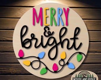 Merry & Bright Christmas Lights DIY Door Hanger Kit | Christmas Door Sign | Laser Wood Craft Kit | DIY Holiday Decor | Unfinished Paint Kit