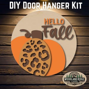 Hello Fall Pumpkin Animal Print DIY Door Hanger Kit | Fall Door Sign | Laser Cut Wood Craft Kit | DIY Autumn Decor | Unfinished Paint Kit