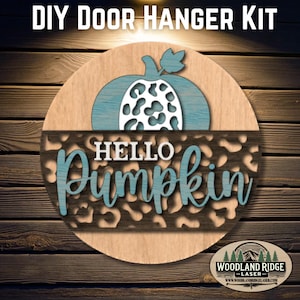 Cheetah Print Hello Pumpkin DIY Door Hanger Kit | Fall Door Sign | Laser Cut Wood Craft Kit | DIY Autumn Decor | Unfinished Paint Kit