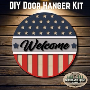 Stars & Stripes Welcome DIY Door Hanger Kit | 4th of July Door Sign | Laser Cut Wood Craft Kit | DIY Summer Decor | Unfinished Paint Kit