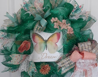 Butterfly Dream Wreath, Spring Wreath, Front Door Hanger, Deco Mesh, Cloth Lace, Sheer Ribbon, Wall Hanging, KlassyCreationsbykc