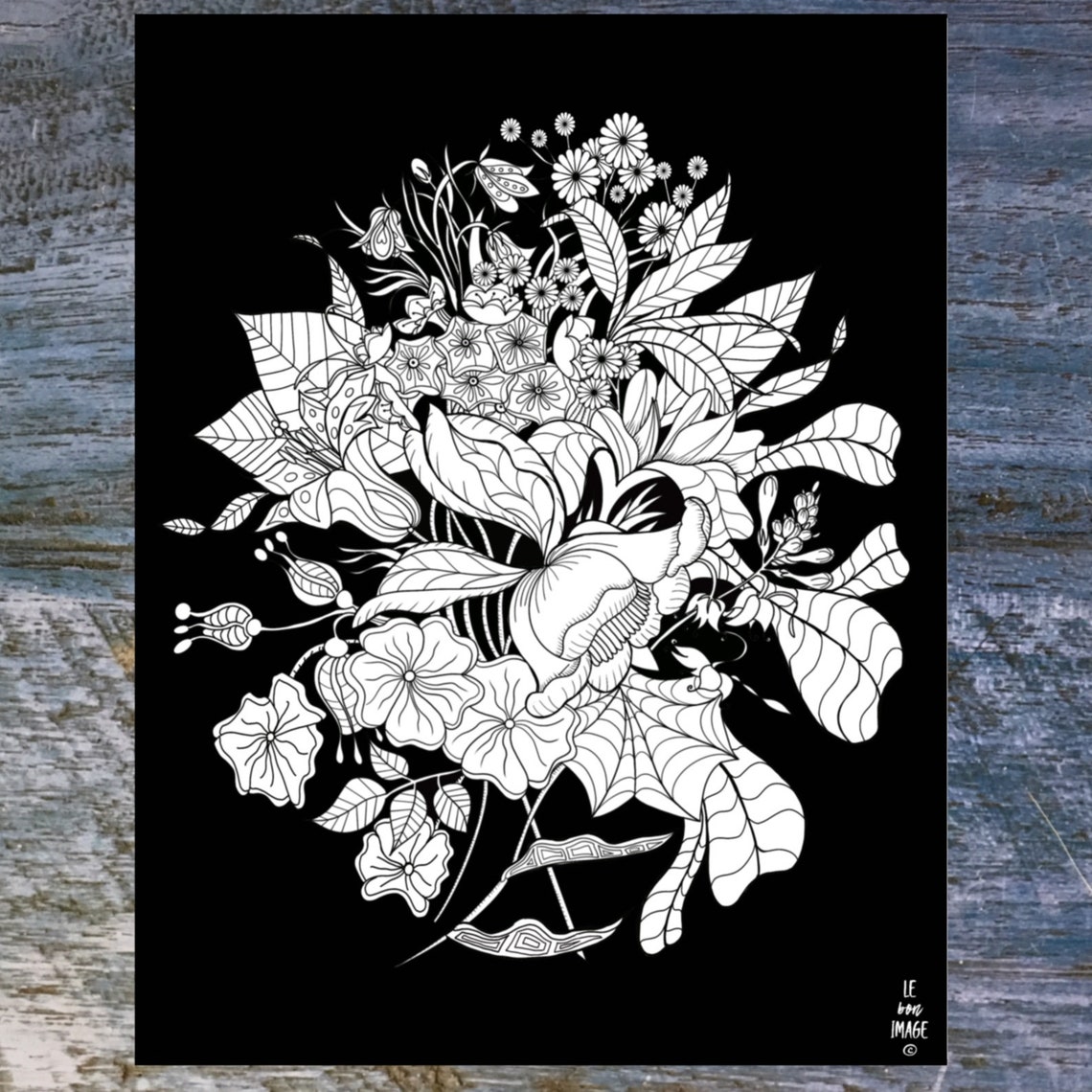 Flowers Black Background Printable Coloring Page Hand Drawn - Etsy