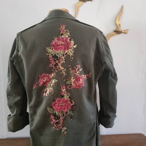 Customized vintage military jacket with embroidered flowers and sequins. Sizes available in S M M/L made to order. Contact in pm