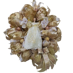 Angel  Wreath – Handmade Holiday Front Door Décor, Glitter Mesh & Ribbon, Winter Wall Decoration - Elegant Gold Christmas Wreath