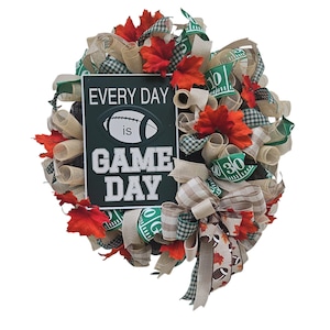 Football Game Day Wreath – Fall Football Front Door Decor – Every Day is Game Day Wreath – Sports Season Mesh Wreath with Ribbons & Leaves