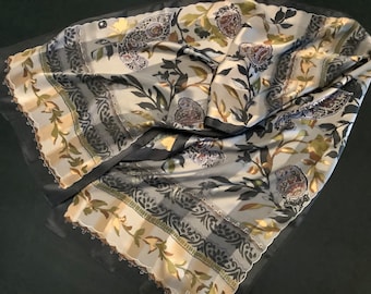 Vintage BILL BLASS Long Paisley and Floral Scarf in Earthy Grey Green Gold Black