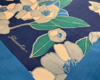Bufanda vintage de seda tailandesa SHINAWATRA, grande, cuadrada, azul, con motivos florales, estilo étnico tailandés.