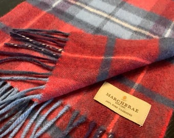 Bufanda larga vintage de cachemira azul y roja a cuadros MARCHBRAE como nueva