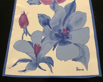 Vintage VERA NEUMANN Long Floral Silk Scarf In White Blue Purple