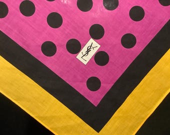 Vintage YVES SAINT-LAURENT Medium Square Scarf Purple Black Yellow Geometrical Dots Print