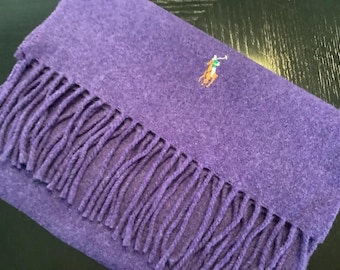 Bufanda larga vintage de lana de cordero y cachemira morada con deshilachados de POLO RALPH LAUREN