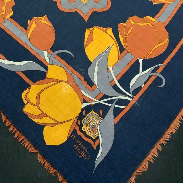 Vintage MONIQUE MARTIN Square Warm Scarf with Floral Print Fringed Ends Navy Blue Orange