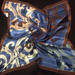 Vintage MARJA KURKI High Quality Abstract Paisley Scarf in Brown Blue White with Hand Rolled Hem