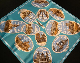 Sciarpa blu da collezione vintage di LONDRA, souvenir dei siti architettonici di Londra, come nuova