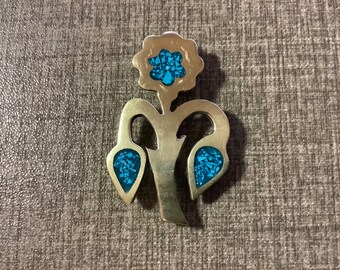 Mexican Mid Century Tirquoise Flower Brooch Hecho en Mexico