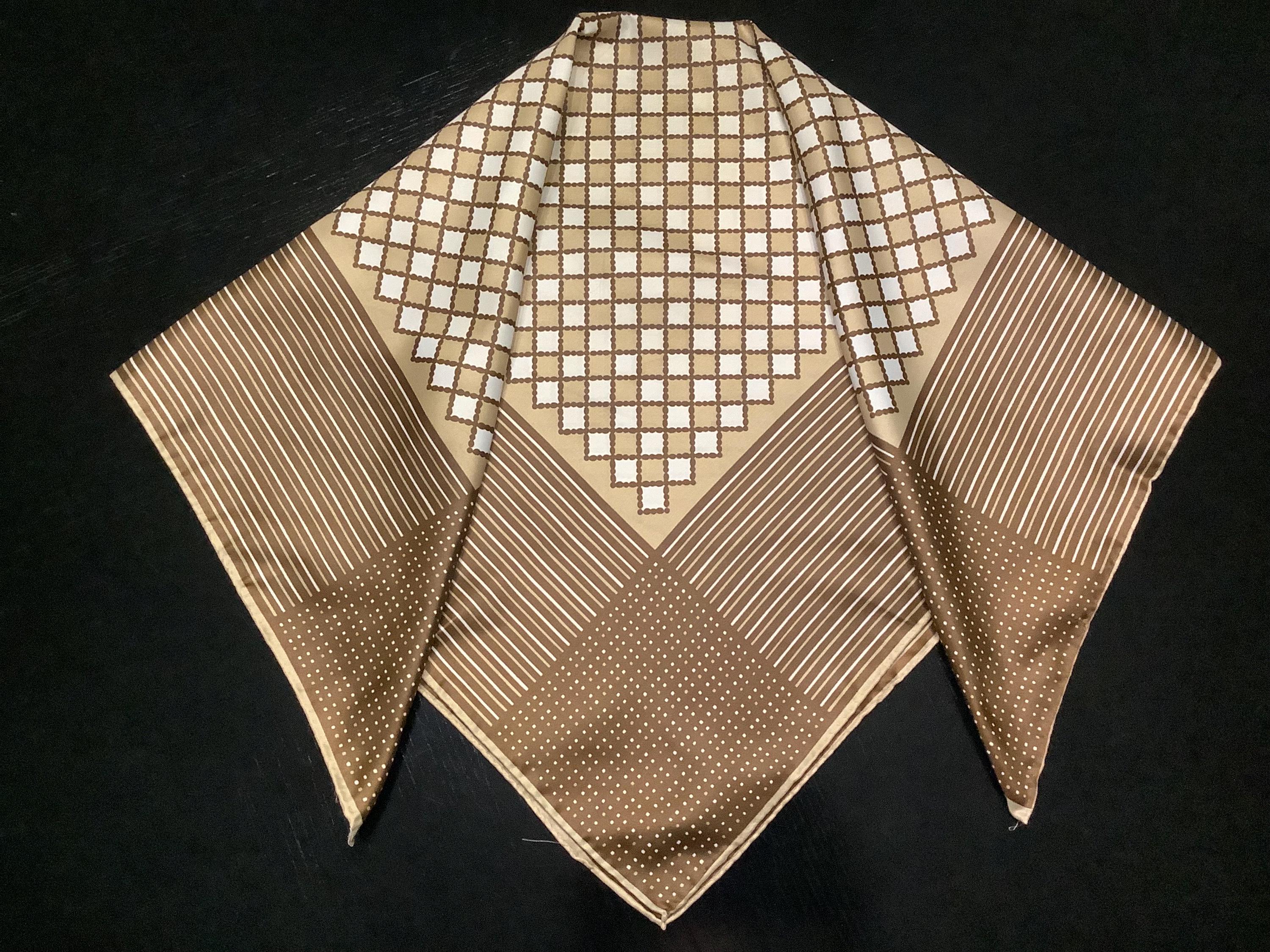 Vintage LA DEAR Square Scarf Neckerchief in Beige Brown White