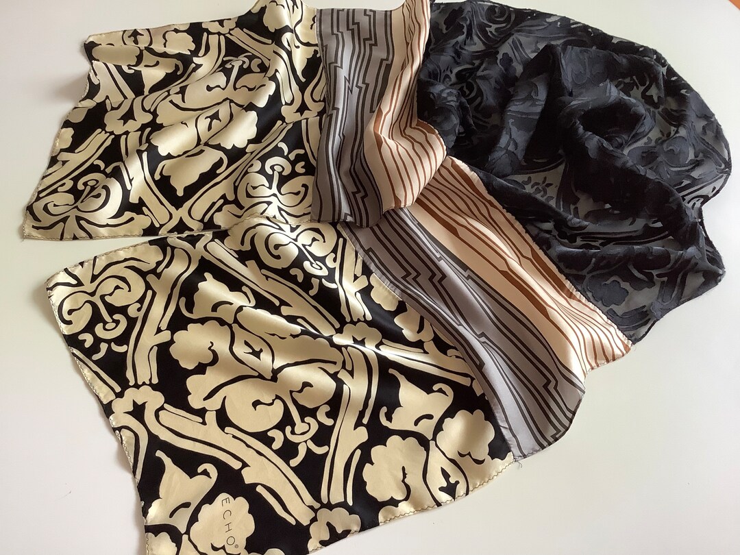 Vintage ECHO Long Black White Scarf Hair Bow Etsy