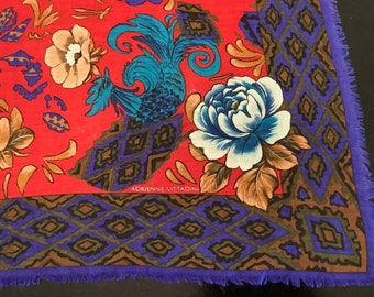 Vintage ADRIENNE VITTADINI Medium Square Floral Wool Scarf with Fringed Ends