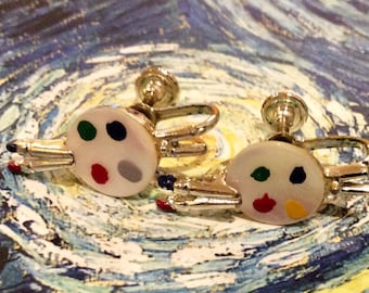 Vintage paint palette earrings - Non-pierced screw back earrings - Artist palette earrings - Mother of pearl enamel silver toned